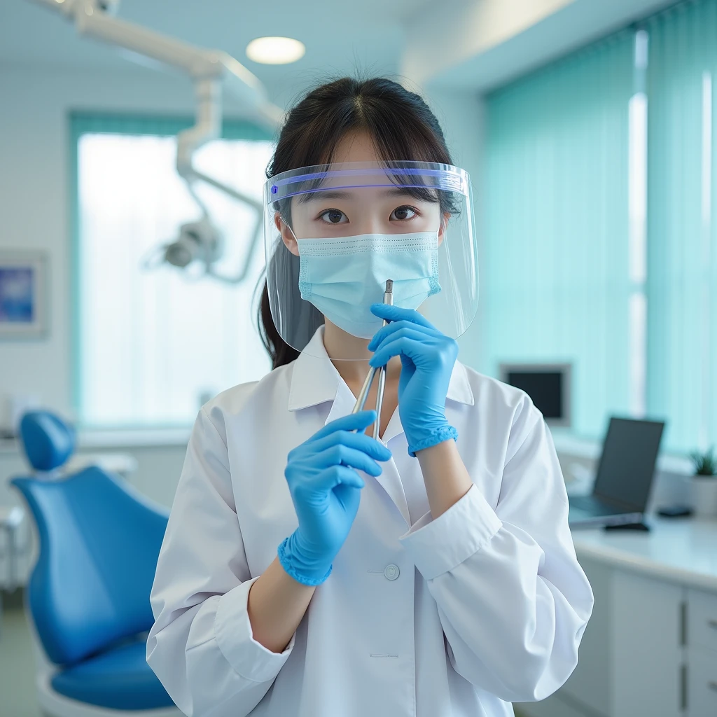 1 little Korean girl, ((Gloves on the elbows)), ((surgical gloves)), ((rubber gloves)), ((long sleeves)) ((medical mask)) ((face shield)) ((dentistа костюм)), I'm looking at the viewer, ((dentist)), standing, One, кабинет dentistа, tools in hands