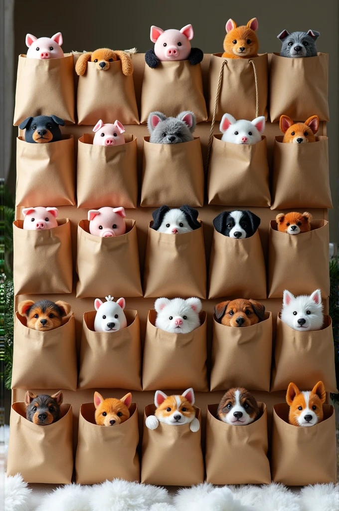 Advent calendar with 24 brown bags, Mini pigs,  either, chickens and dogs