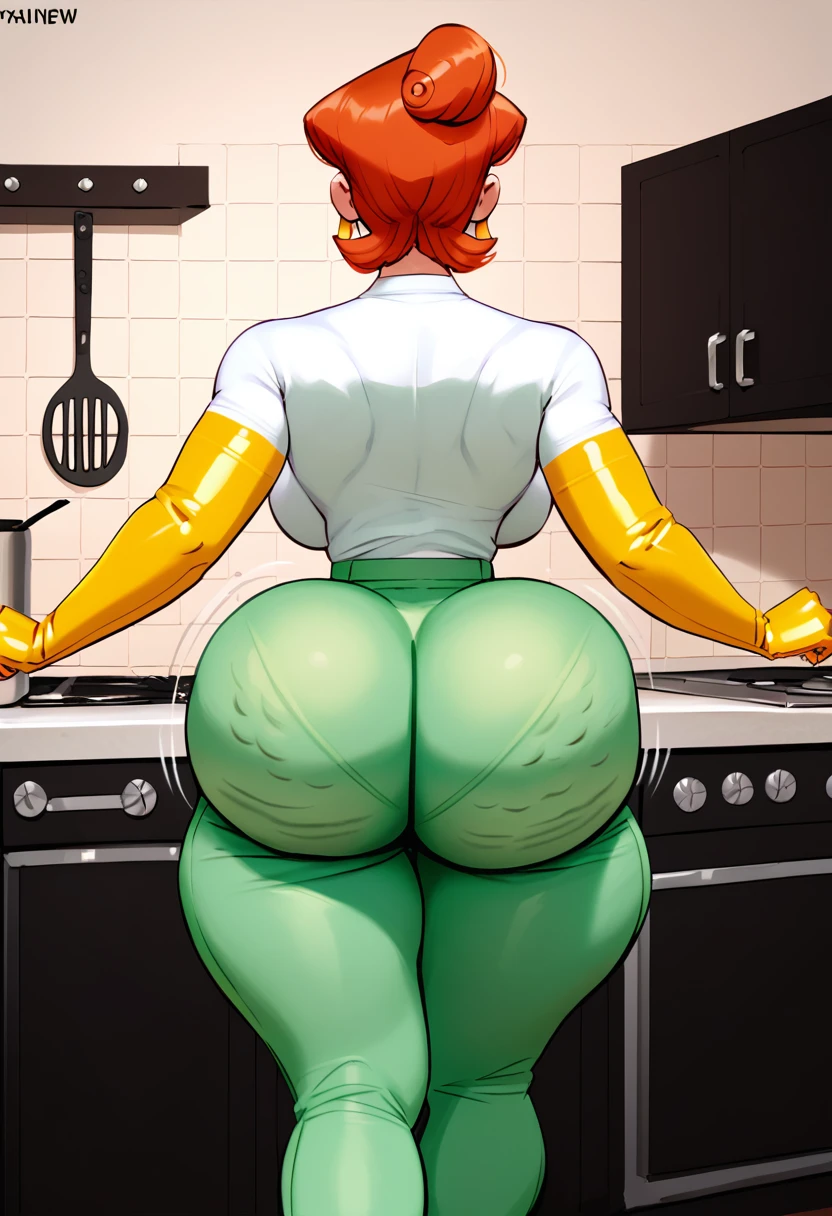 short hair, Red hair, green blouse, black full black stockings to the waist, open blouse, big breasts, in a kitchen, yellow latex gloves, splashed with semen on her buttocks, annoyed, flushed, yelling, without pants, They are black tights up to the waist. 