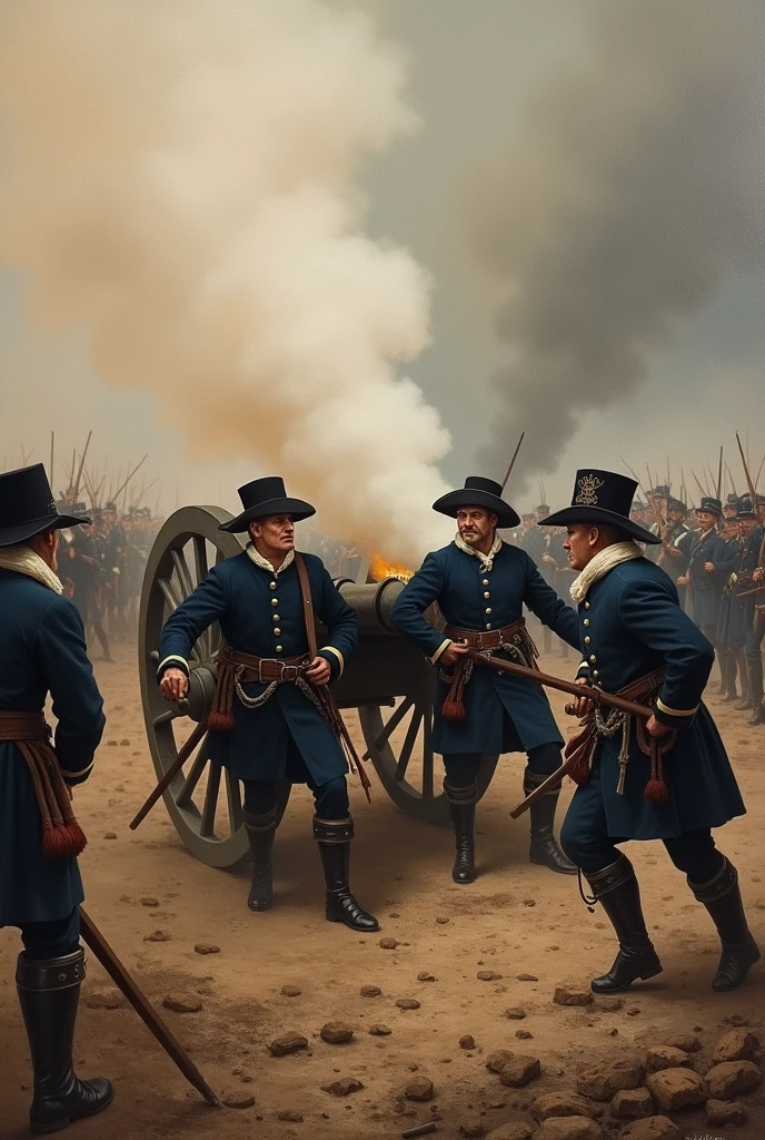 Artillery soldiers loading and firing a traditional cannon, smoke and fire, oil painting, muted colors, mid-18th century warfare, detailed uniforms, tense and chaotic scene, battlefield environment, textured brushstrokes, oil painting style