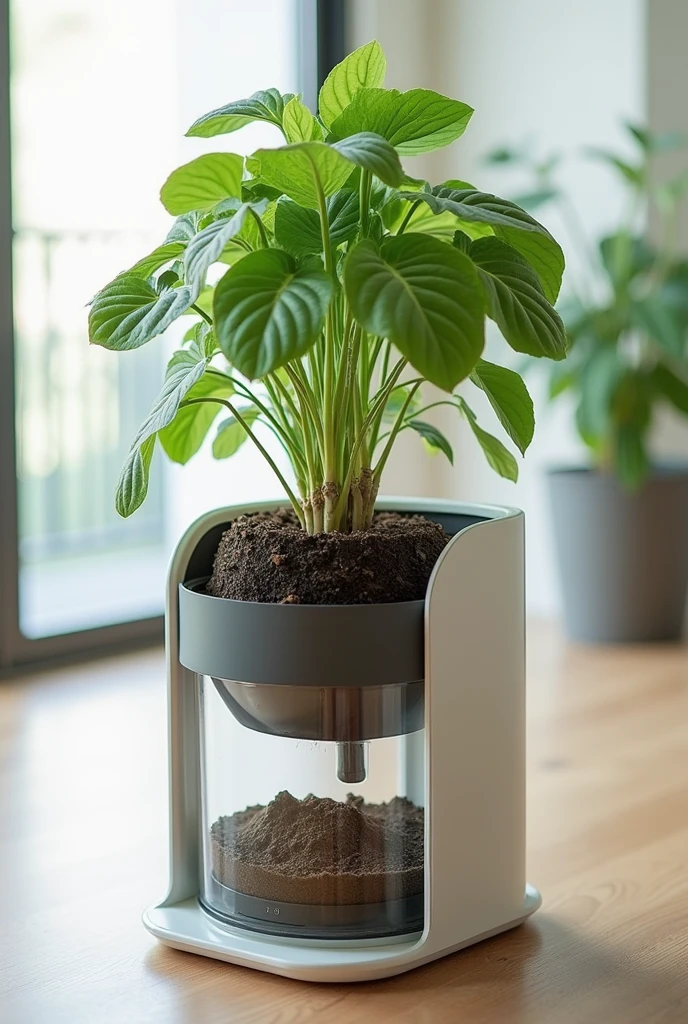 I want you to create a self-watering pot using a drip system that also creates its own compost.