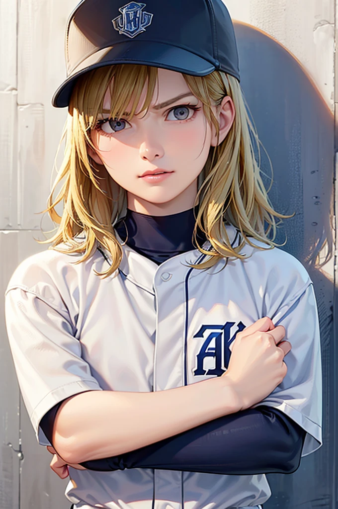 (Highest quality、8k、32K、masterpiece)、(Realistic)、(Realistic:1.2)、(High resolution)、Very detailed、Very beautiful face and eyes、Tight waist、(close、Highest quality、Attention to detail、Rich skin detail)、(Highest quality、8k、Oil paints:1.2)、(Realistic、Realistic:1.37)、Bright colors、(((Frame In)))、(((Pure white wall background)))、(((blonde)))、(((Upper Body Shot)))、(((Medium Hair)))、(((White wall background)))、(((A little angry)))、(((Arms folded in front of chest)))、(((Baseball uniforms)))、(((Light blue uniform)))、(((Medium Hair、Baseball cap)))