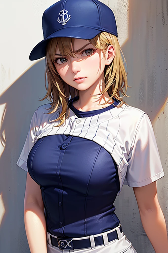 (Highest quality、8k、32K、masterpiece)、(Realistic)、(Realistic:1.2)、(High resolution)、Very detailed、Very beautiful face and eyes、Tight waist、(close、Highest quality、Attention to detail、Rich skin detail)、(Highest quality、8k、Oil paints:1.2)、(Realistic、Realistic:1.37)、Bright colors、(((Frame In)))、(((Pure white wall background)))、(((blonde)))、(((Upper Body Shot)))、(((Medium Hair)))、(((White wall background)))、(((A little angry)))、(((Arms folded in front of chest)))、(((Baseball uniforms)))、(((Light blue uniform)))、(((Medium Hair、Baseball cap)))