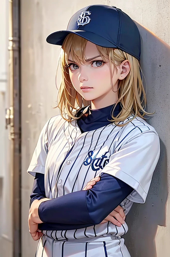 (Highest quality、8k、32K、masterpiece)、(Realistic)、(Realistic:1.2)、(High resolution)、Very detailed、Very beautiful face and eyes、Tight waist、(close、Highest quality、Attention to detail、Rich skin detail)、(Highest quality、8k、Oil paints:1.2)、(Realistic、Realistic:1.37)、Bright colors、(((Frame In)))、(((Pure white wall background)))、(((blonde)))、(((Upper Body Shot)))、(((Medium Hair)))、(((White wall background)))、(((A little angry)))、(((Arms folded in front of chest)))、(((Baseball uniforms)))、(((Light blue uniform)))、(((Medium Hair、Baseball cap)))