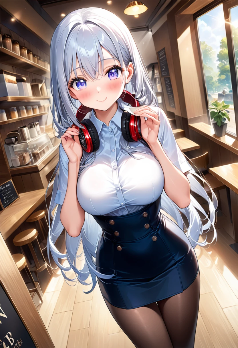 girl, drinking coffee, café, beautiful shop, seat near window, sunlight streaming in, beautifully shaped modestly large breasts, slim waist, fair and beautiful skin, petite figure, silver hair, long and fine hair, shy smile, blushing cheeks, stylish clothing, headphones around neck, no accessories, overhead angle, upward gaze, blurred background, anime-style beauty, detailed face, mesmerizing eyes, delicate hands, artistic depth, emotional resonance, masterpiece, ultra high quality illustration, high resolution, 16k, intricate details, (SuperQuality:1.0)