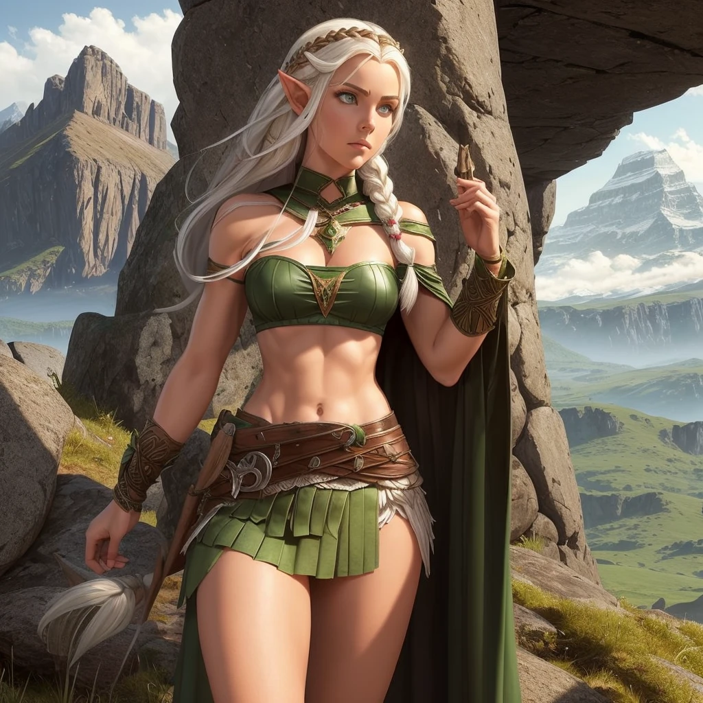 FULL BODY, perfect face, pretty face, elf, 1girl, mountains, white hair, viking top braid, green eyes, brown leather, (skimpy low skirt), bare arms, (bare stomach),  (bare pelvis) , bare arms, short brown cloak, dark, gritty,