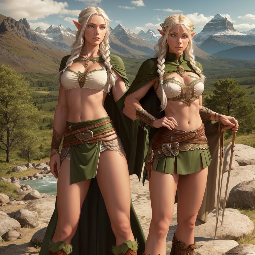 FULL BODY, perfect face, pretty face, elf, 1girl, mountains, white hair, viking top braid, green eyes, brown leather, (skimpy low skirt), bare arms, (bare stomach), (bare pelvis) , bare arms, short brown cloak, dark, gritty,