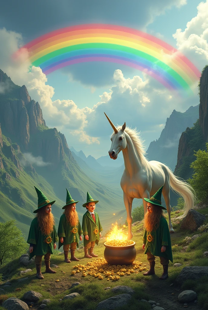 Rainbow brought together a pot of gold and leprechauns on a mountain and behind a unicorn