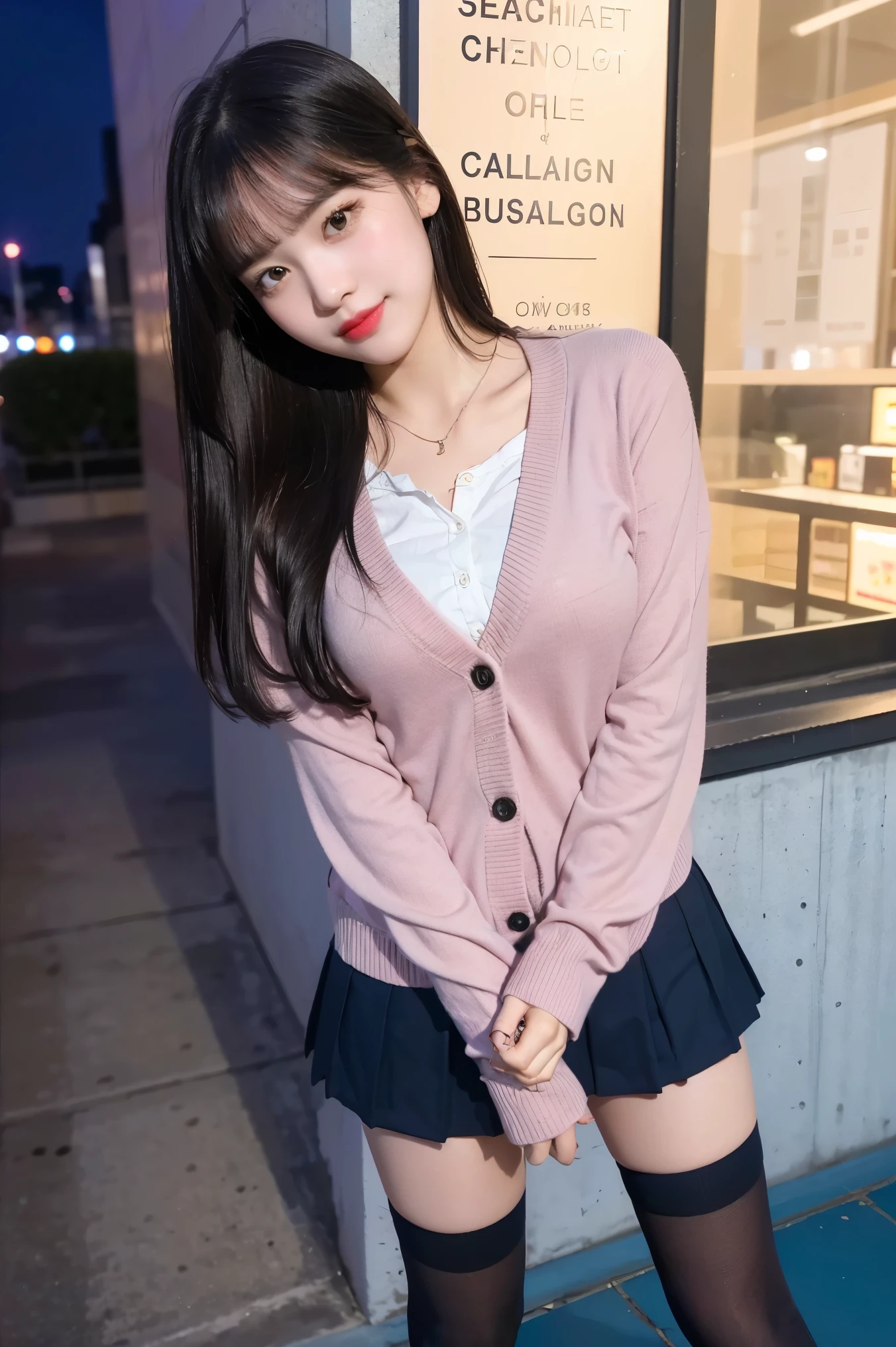 (8K), (highest quality: 1.2), (realistic), (realistic: 1.37), ultra high resolution, (1 girl, cute, smile, closed mouth, thick lips,red lip,beautiful details, beautiful nose, (straight black hair), giant dulcefo, self snap,(school uniform),(pink cardigan),white shirt,tie,check pleated skirt,(Blue knee-high socks),Standing in the city at night, From above,close up of face,thin necklace,(Medium Shot:1.2),
