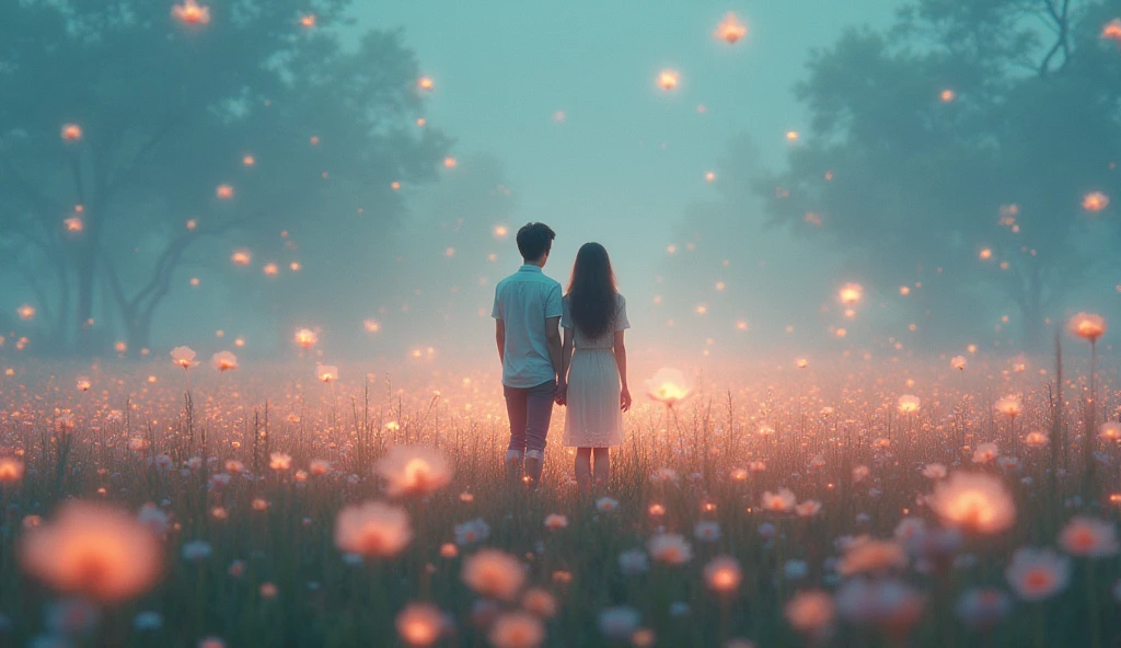 A dream-like scene where the couple is surrounded by a field of floating flowers or glowing orbs, representing their shared dreams and emotions. The colors are soft and ethereal.