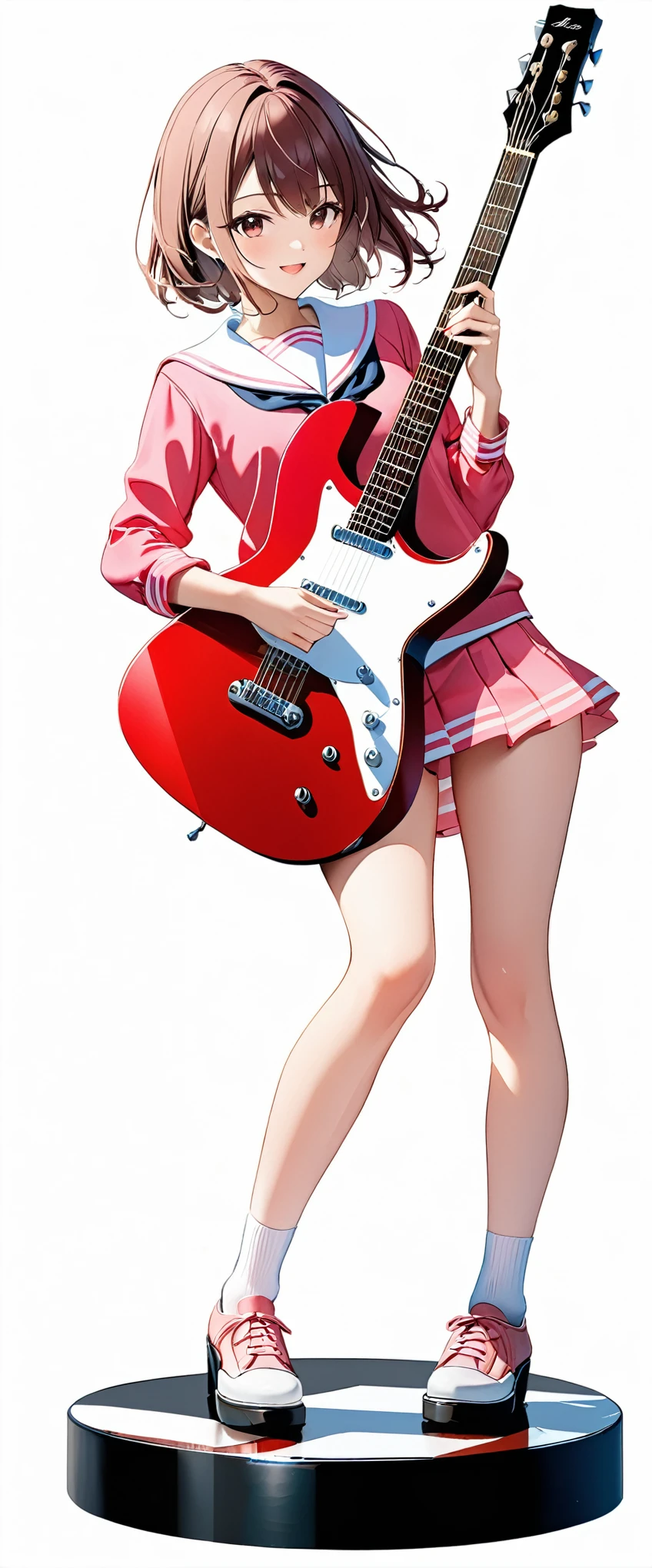 (((White background:1.5)))、(((The subject and guitar are in full view:1.5))),(((full body:1.2)))、(((masterpiece、Ultra HD、Highest quality、Masterpiece、8k:1.2)))、Slender body、High  girl playing electric guitar、(Pink Sailor Suit) 、Brown Bob、(((The figure is posing in a dynamic manner.:1.5)))、Perfect Style、８Head to Body、smile、Are standing、White socks、mini skirt、looks fun、joy