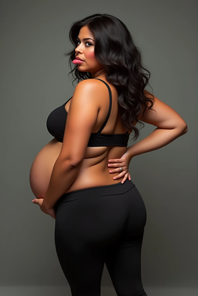 Slightly chubby pregnant southern woman, thick hips, huge fat juicy butt, huge pregnant belly, big busting cleavage, busting out of corp top and tight leggings, biting bottom lip, light makeup, hand on juicy fat butt, arched back, butt sticking out, back butt dimples, blushing, full body shot, rear view, slight side view