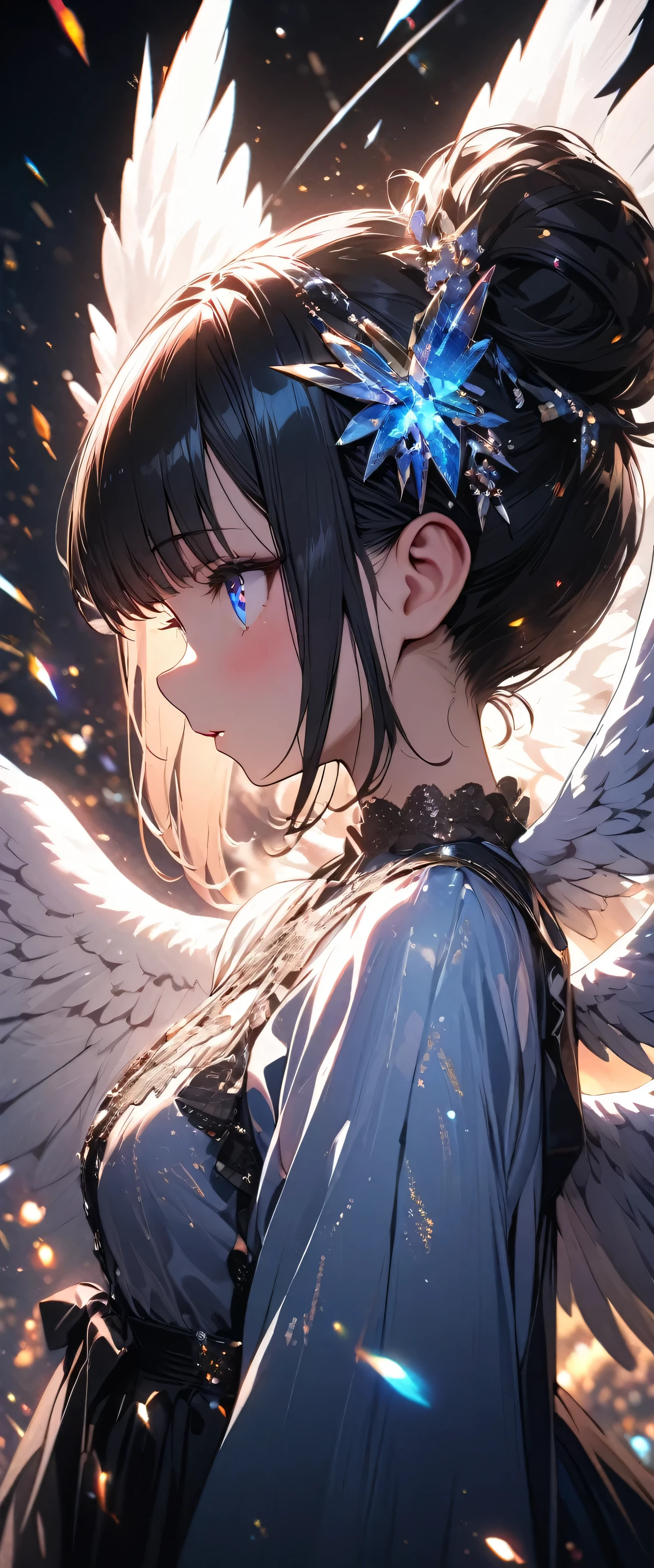 (beautiful girl: 1.3),1girl,masterpiece, Highest quality, Ultra-high resolution,rich contrast,super high quality,8k,Highly detailed CG unit wallpaper,texture,Incredibly absurd,Ultra-high resolution,RAW Photos,Depth of Field 1.2,Ultra-detailed eyes,Big eyes,(clear),Glowing Skin,A beautiful and cute angel is standing,Black Hair,pixie cut,Glitter effect,Angel Wings,(profile:1.5),