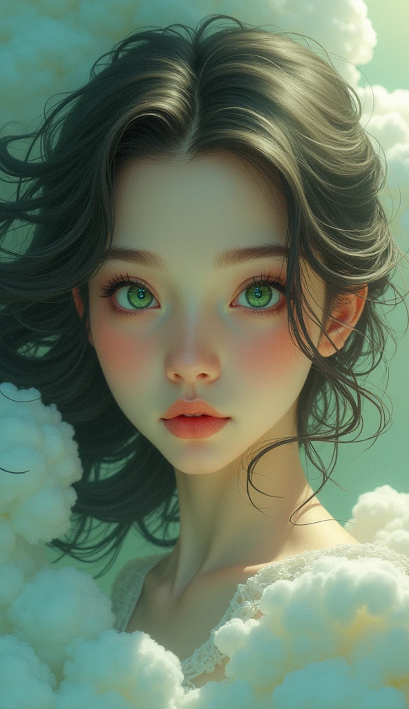 ((best quality)), ((masterpiece)), (detailed), (fantasy illustration:1.3), soft colors, (detailed cloudscape:1.3), (high-resolution:1.2), 1girl, green eyes,