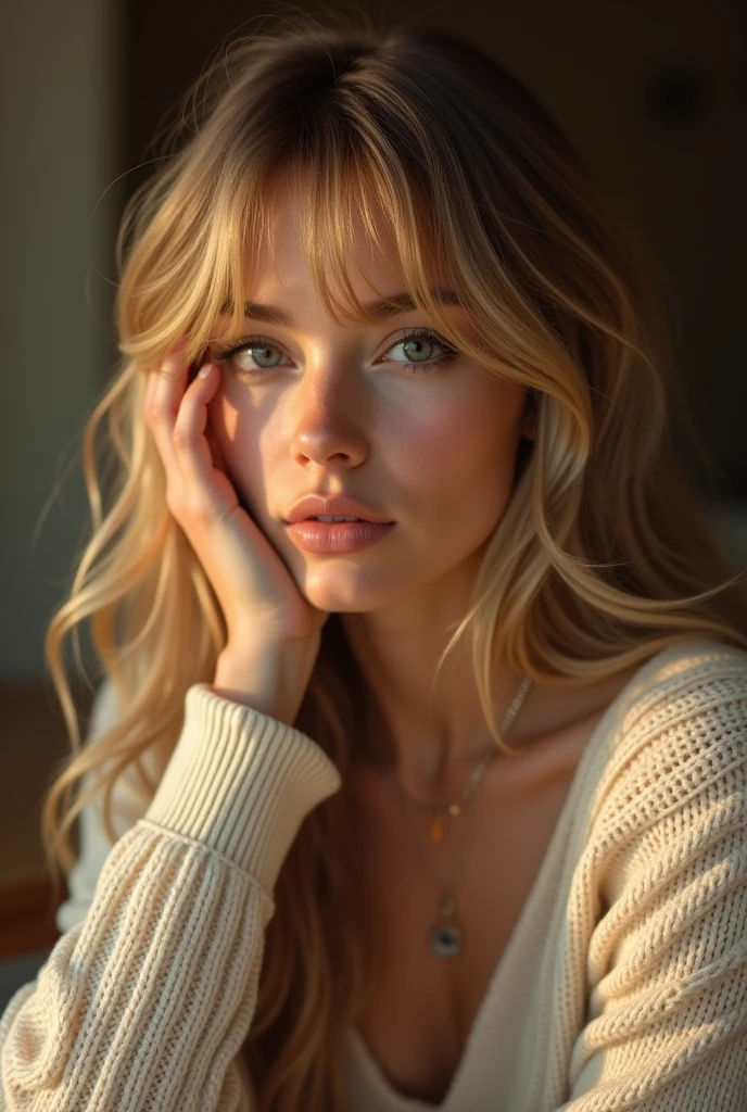 gorgeous adult woman, long neck, long blonde hair, bangs, perfect eyes eyes, soft light, high quality, 4k resolution, casual clothes, bead necklace, knit cardigan, looking at viewer, Put left hand on left cheek and think,Output temperature