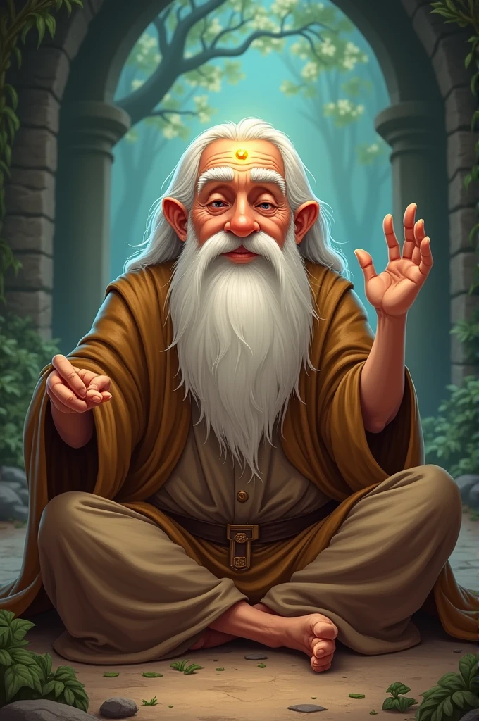 A 2D cartoon character of an elderly man with a wise and mystical appearance. He has long, flowing white hair and a matching beard. His deep-set eyes are framed by bushy eyebrows, giving him a look of wisdom and experience. A glowing gem is embedded in the center of his forehead, adding a magical and mysterious aura. The character wears tattered, earthy-colored robes, draped in a way that suggests a life of wandering or spiritual significance. The robes are textured with folds and layers, conveying a sense of age and wear. The character has a serene and thoughtful expression, with a hint of a smile to suggest kindness and wisdom. He is seated in a meditative pose, possibly with one hand raised in a gesture of blessing or guidance. The background is a simple, mystical setting, like an ancient temple or a serene forest glade, with soft, warm lighting that enhances the glow of the gem on his forehead.