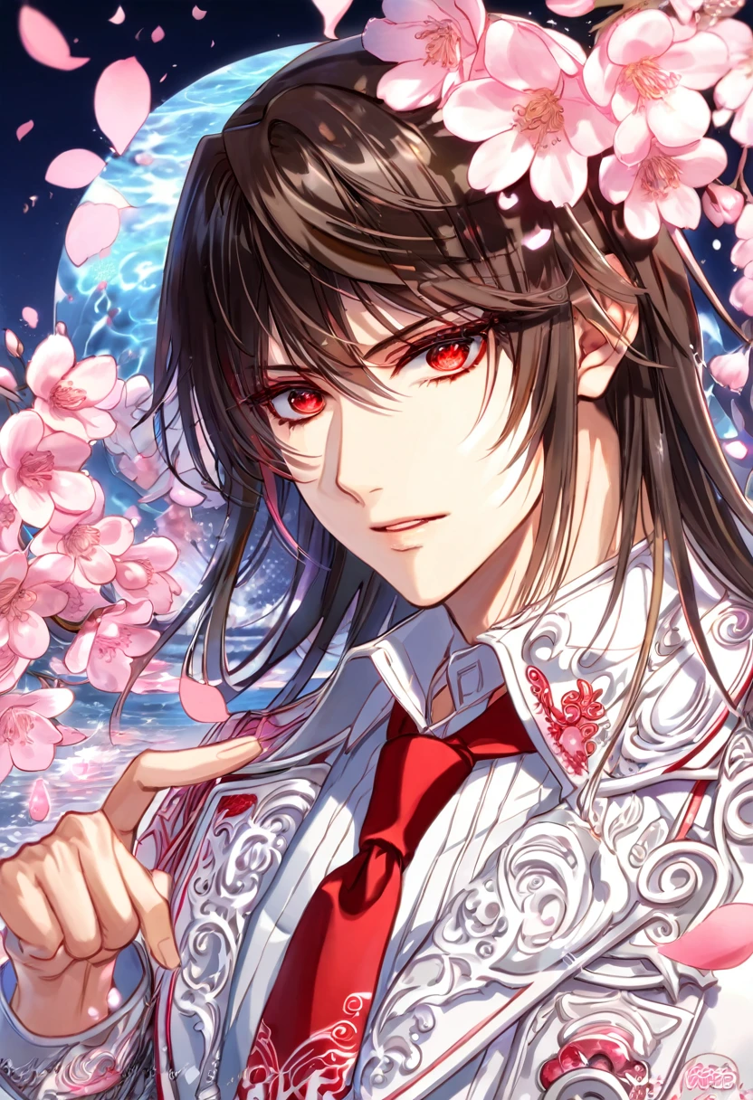 absurdres, highres, ultra detailed, HDR, master piece, Kuran Kaname, dark brown hair, expressive red eyes, white uniform with trimming, red necktie, Vampire Knight, sexy man, handsome, best quality, pink blossoms, pink petals, pink flowers, fantasy, magical, pink shining fireflies, solo, water,