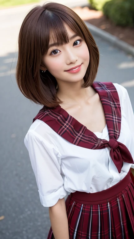 masterpiece, Beautiful Japanese Girl, Classmate, Pure and innocent, Realistic, Super detailed, 8k,最high quality, Very detailed, Detailed Background, Slender, Detailed face, Adorable girl, A sparkling smile, high resolution, high quality, (Hands on hips:1.3), (Leaning forward:1.3), (Looking up at the viewer from below:1.3), White short slave school shirt, Tartan Check Skirt, shiny red-brown shorthair, Iris, Hourglass-shaped body, Full body portrait, clavicle, Outdoor, Natural light, Natural Makeup, Smile