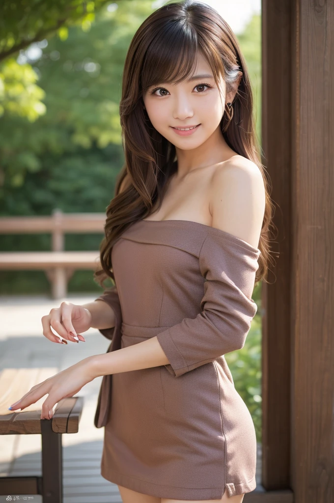 (8k, RAW photo, best quality, masterpiece:1.2), (realistic, photo-realistic:1.4), ultra-detailed, perfect anatomy, perfect limbs, perfect hand, depth of field, POV, cowboy shot, cute japanese model pictures, Beautiful Face, in a summer park, ((One woman)), woman at 30 years old,(brown eyes), (dark blonde loosely curled hair.), She is looking at this way, smiling, She has blunt artificial nails, She is standing shyly in front of the bench, facing me., BREAK, (Ultra micro mini one-piece), (bare shoulders), zettai ryouiki,