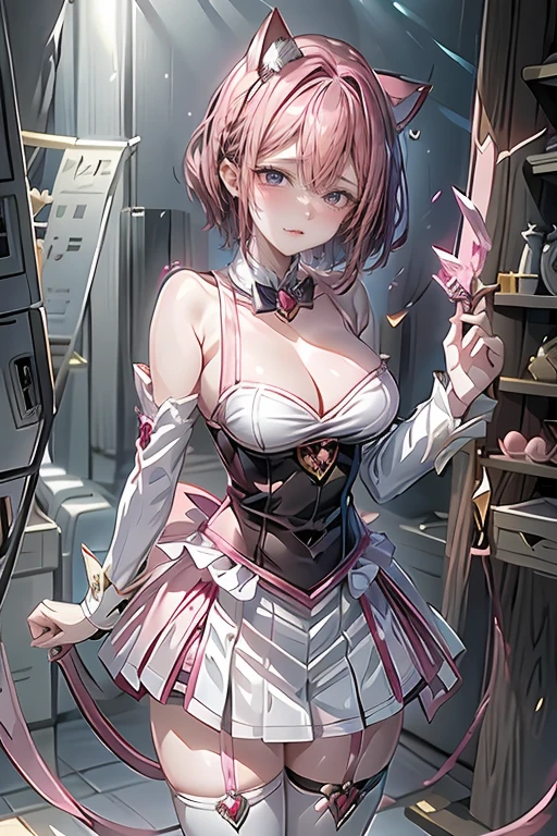 Magical girl dressed in sadistic cat outfit Cat ears, crystal earrings, short pink hair,