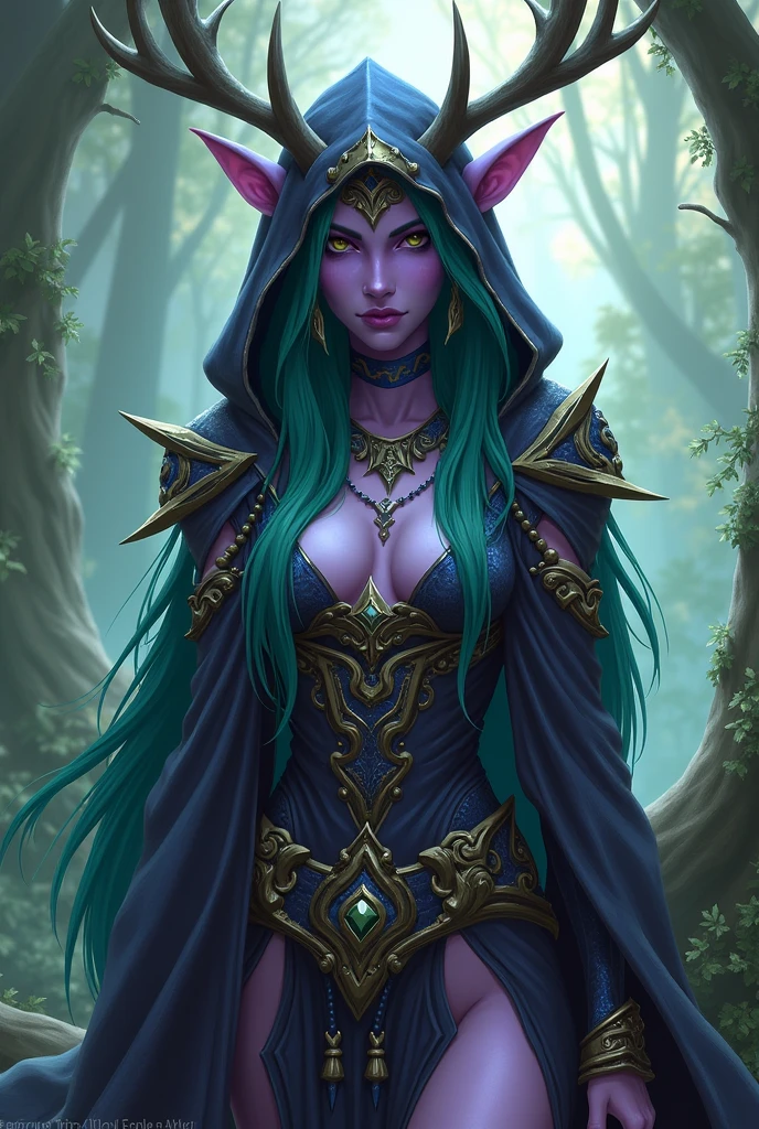 Can you draw me a sexy female elf with purple skin, long green hairs in World of Warcraft style with a Hood that have Deers horns