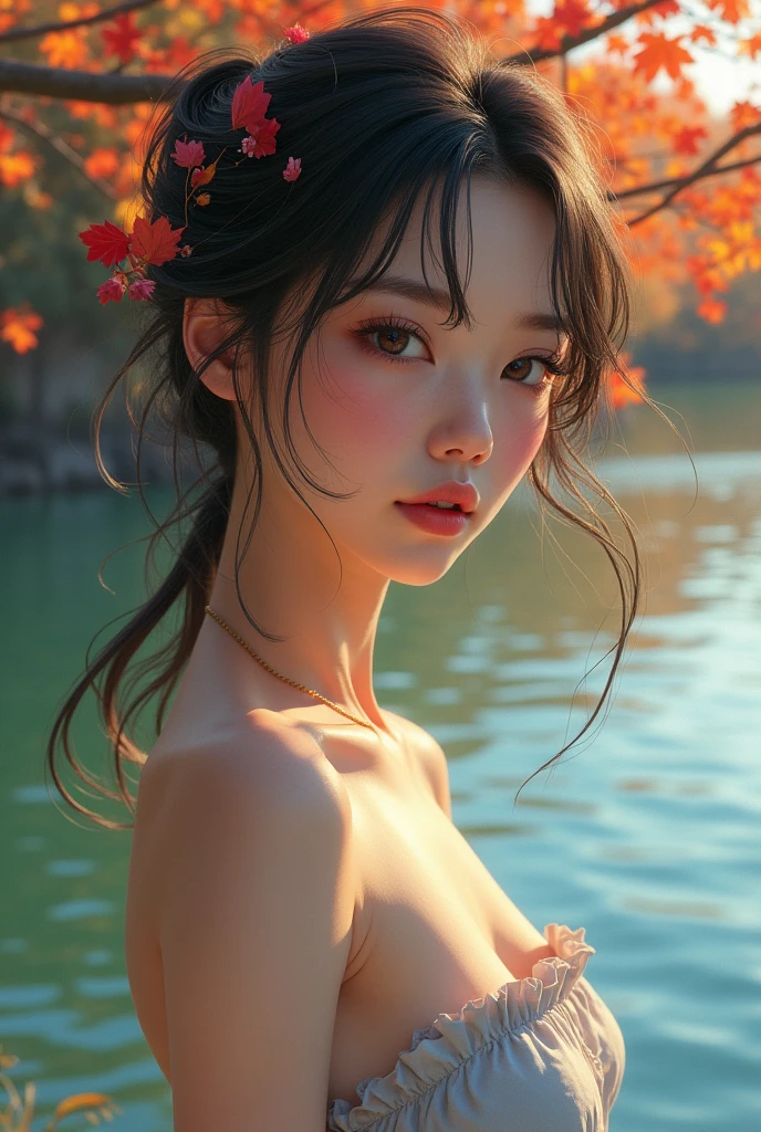 ((masterpiece)), ((Highest quality)), (Beautiful Japanese girl portrait), Eye for perfect detail, Face in perfect detail, Very elaborate nose, Open your mouth, ((Perfect muscle)), Perfect Teeth, Sharp body, Stuck clothes, Charm, Perfect Face, Dimples on cheeks, Depth of written boundary, High resolution, ((Incredibly realistic skin texture)), (Well-proportioned hands), Thin lips, Random color hair, Floating multicolored hair, Narrow waist, Autumn lake background