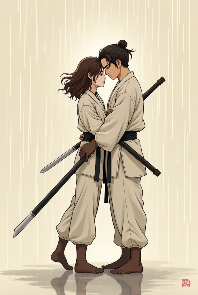 Create an art , minimalistic , Simpler , of a couple in love , under the rain , the woman with brown hair, medium wavy, They are both martial arts fighters and are fighting, the woman has the baton, and the man with a dagger , and they love each other , to be used in a tattoo