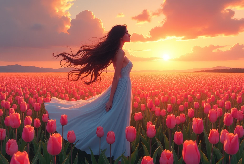 vast plumeria fied and tulips field during sunset, a lady with long black and wavy hair wearing baby blue dress