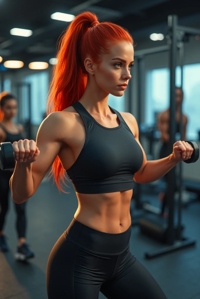 A highly realistic woman with long, striking red hair, styled in a sleek ponytail, is in a modern gym setting. She's wearing a sleek and form-fitting workout outfit consisting of a sleeveless athletic top and leggings. The color scheme of her outfit is a mix of dark and vibrant hues, complementing her fair skin and red hair. She's in the middle of the exercise, with a focused and determined expression. The background shows various fitness equipment, emphasizing a professional workout environment.