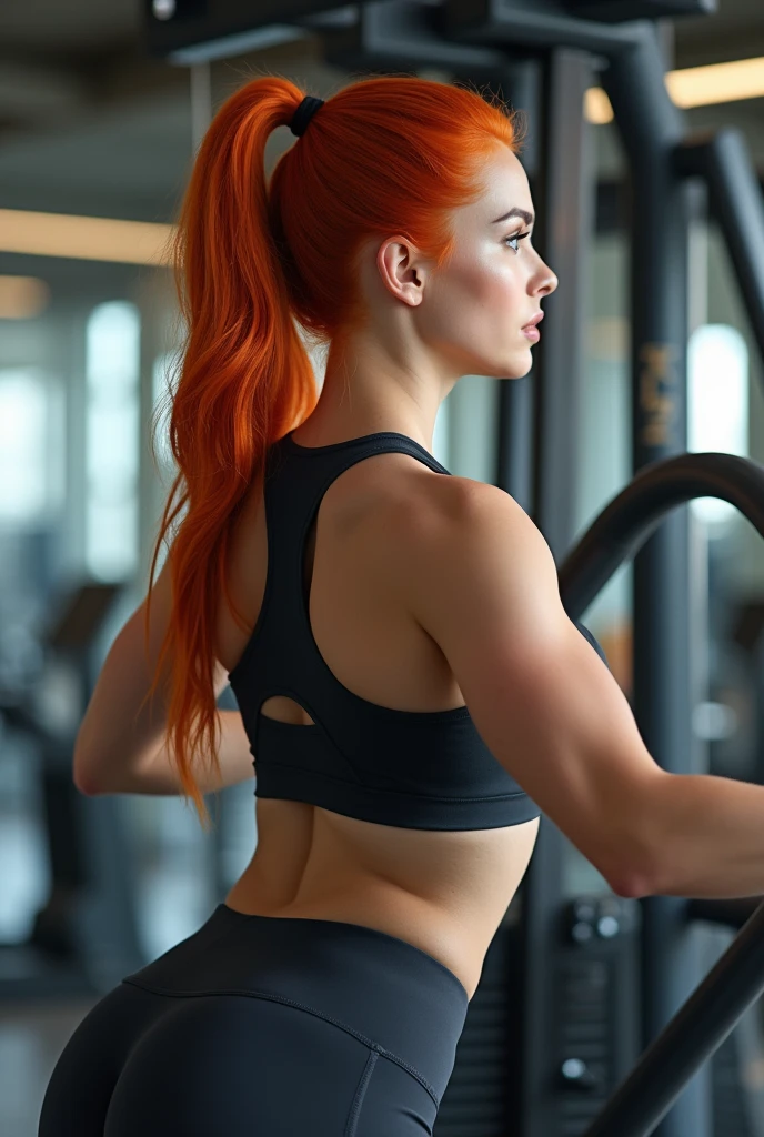 A highly realistic woman with long, striking red hair, styled in a sleek ponytail, is in a modern gym setting. She's wearing a sleek and form-fitting workout outfit consisting of a sleeveless athletic top and leggings. The color scheme of her outfit is a mix of dark and vibrant hues, complementing her fair skin and red hair. She's in the middle of the exercise, with a focused and determined expression. The background shows various fitness equipment, emphasizing a professional workout environment.