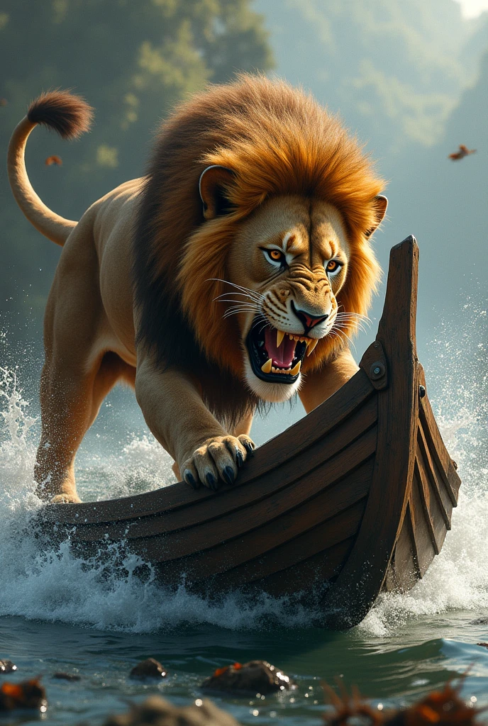 A lion biting a boat