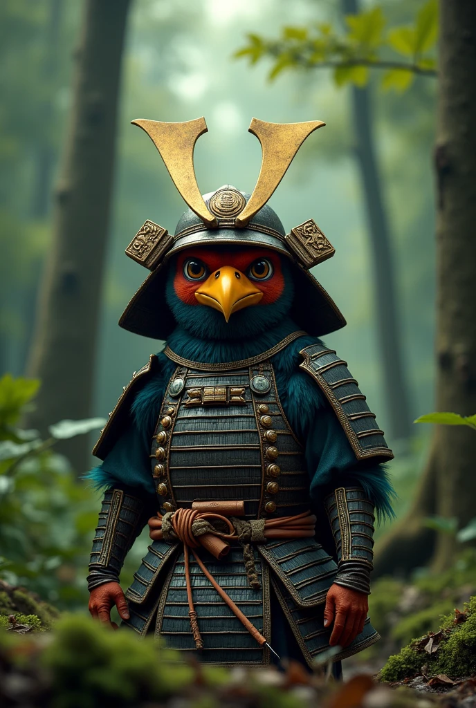 Agapornis personified with samurai armor, in a forest background, has an aggressive expression. Movie poster style 