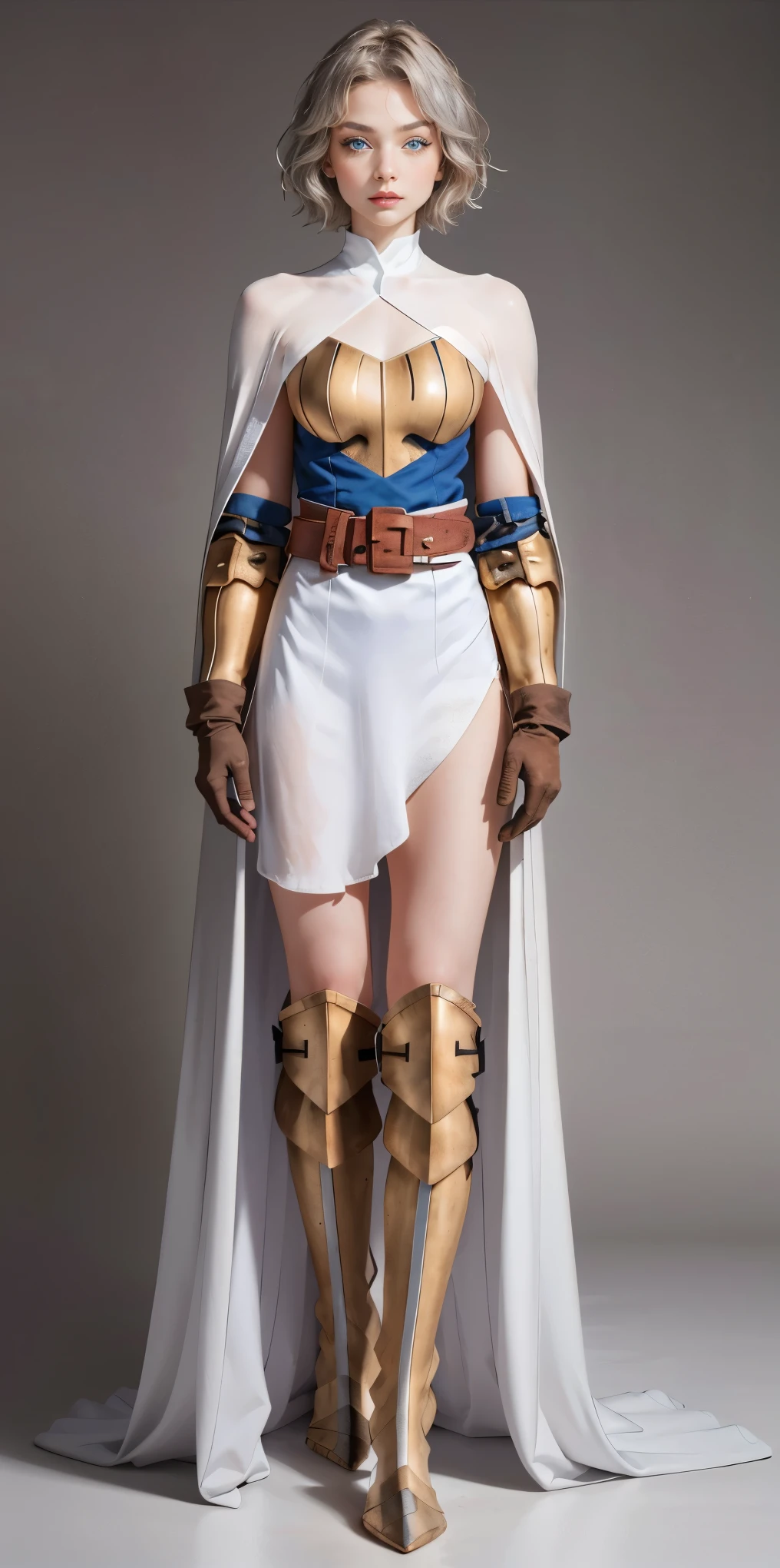 (masterpiece, best quality), 1girl, KnightFFT, SHORT BOB hair, SHITE SILVER hair, blue eyes, WHITE cape, armor, WHITE dress, belt, gloves, boots