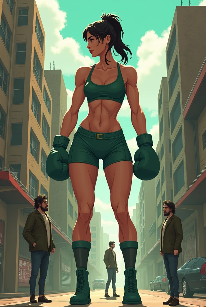 Female boxer Jane drinks a potion and suddenly becomes twice her height. She grows every second. She becomes taller, thin but muscular.. Jane likes this situation. The potion gets longer as she drinks it. Jane gets annoyed by a man. Jane goes to the man.