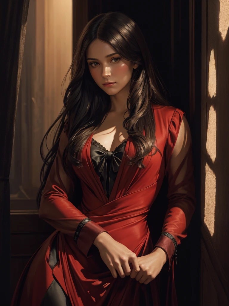 (Front Focus),(In the dark:1.6), Hyperrealistic Portrait of a Woman by David Hockney and Alphonse Mucha.,fantasy art, photo realistic, dynamic lighting, ArtStation, Poster, Volumetric lighting, very detailed faces, 4 thousand., award-winning,, 1 girl, In the dark, deep shadow, restrained,cowboy shot,(formal wear:1.4) ,long hair, tight red dress, decorations, oil, canvas, masterpiece