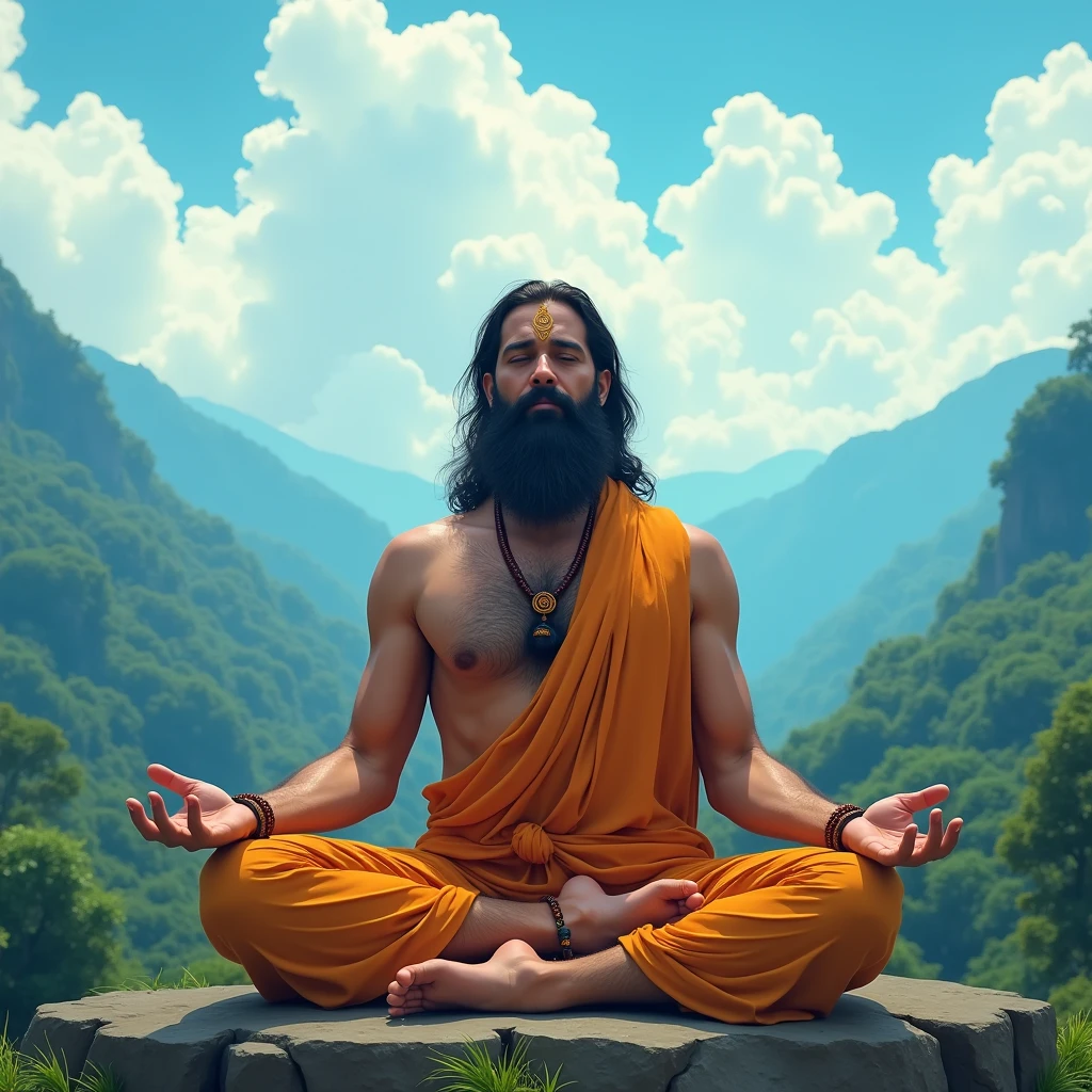Picture the sky covered with blue clouds, a 30 year old man engrossed in yoga practice on a large mountain in a large forest, very handsome, with a tilak on his head and a small Rudraksha rosary in his hand Hands and body also have some parts. He is wearing light saffron clothes and has a big beard on his face.