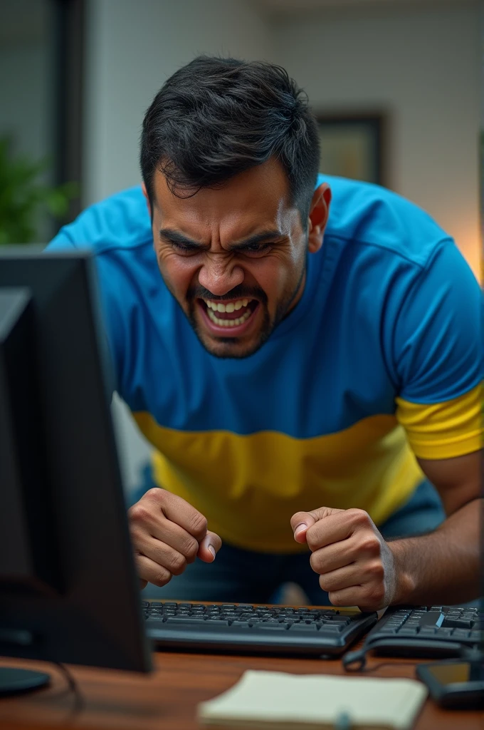 Dark skinned man from Mexico yelling angry at computer with an Ukraine flag and T Shirt
