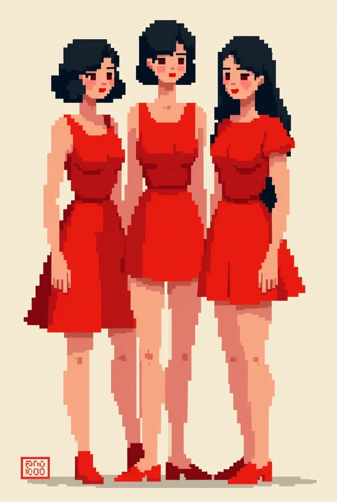 Three pixel-style girls wearing red clothes and with blurred faces