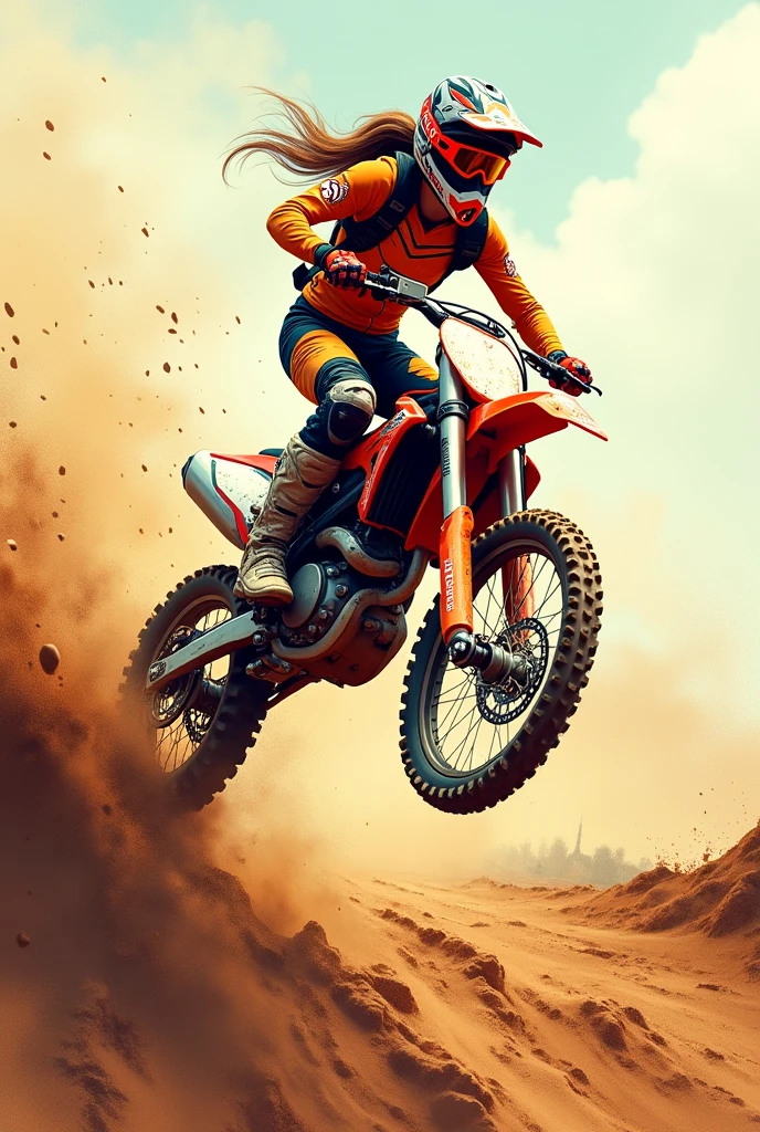 Motocross female rider ramp jumping drawing, mud and sand 