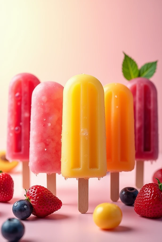BANNER with several popsicles, brightly coloured, of various flavors, very delicious in high definition.