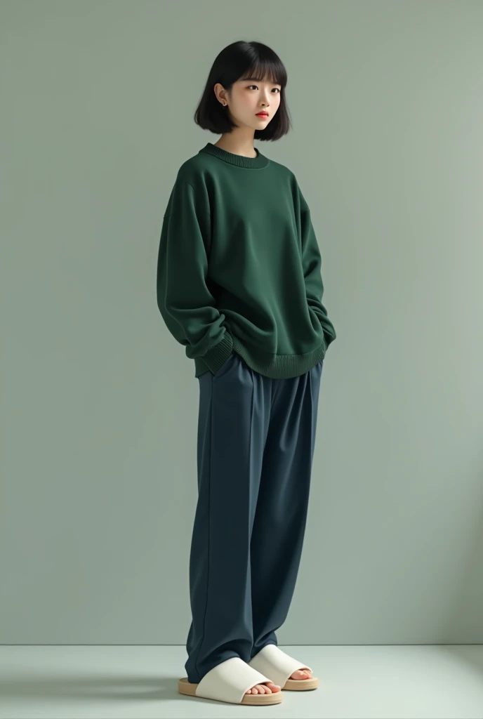 Tall skinny korean asian, in a dark green sweater and dark blue pants and white slippers, with a bob and open bangs