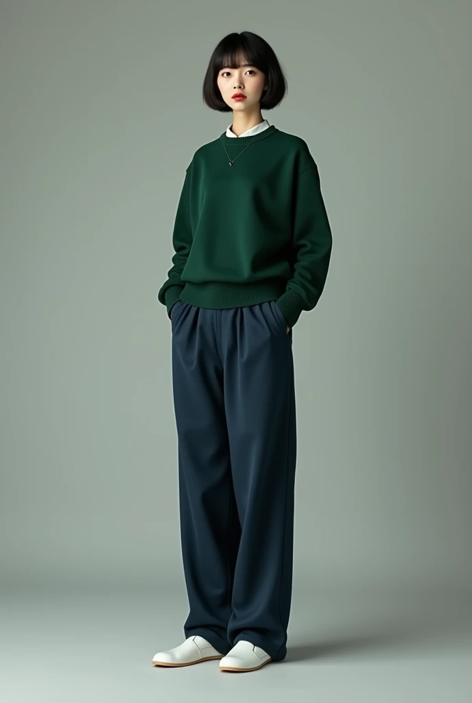 Tall skinny korean asian, in a dark green sweater and dark blue pants and white slippers, with a bob and open bangs 