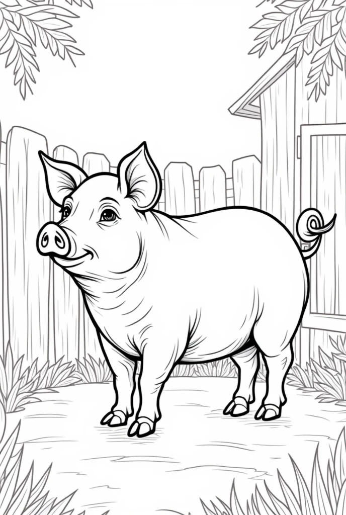 Black and white coloring book page of a pig in the barnyard