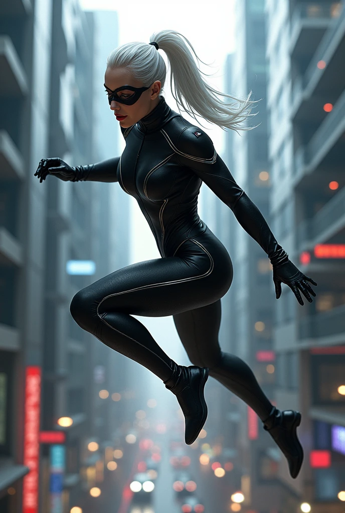(((A beautiful woman with white hair tied back in a ponytail wearing a black leather jumpsuit, black Symbiote skin, long black gloves, black knee-high boots, a mask with black visors with silver trim, Robin jumping between the skyscrapers))),(((Black CAT Marvel universe)))