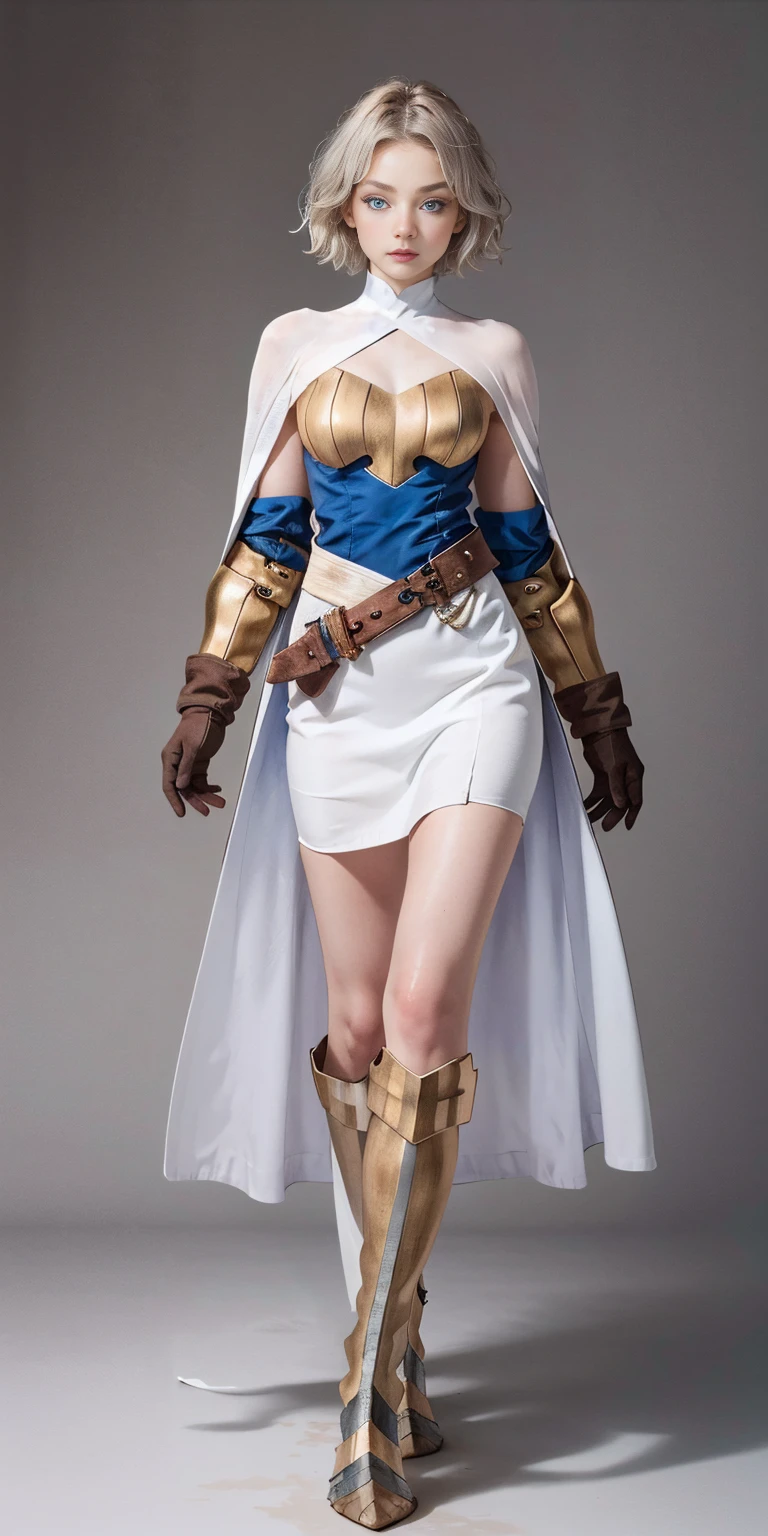(masterpiece, best quality), 1girl, KnightFFT, SHORT BOB hair, SHITE SILVER hair, blue eyes, WHITE cape, armor, WHITE dress, belt, gloves, boots