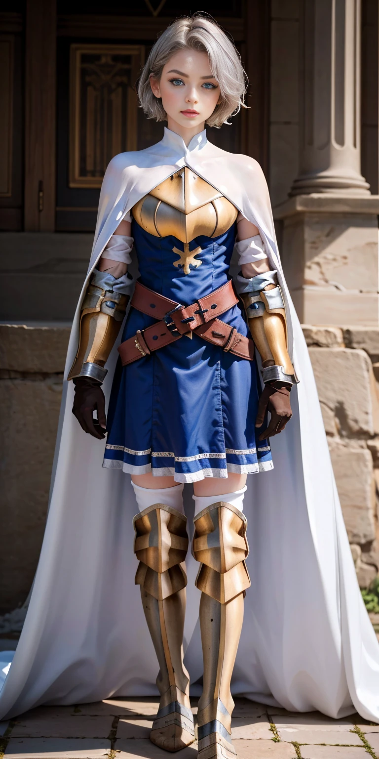 (masterpiece, best quality), 1girl, KnightFFT, SHORT BOB hair, SHITE SILVER hair, blue eyes, WHITE cape, armor, WHITE dress, belt, gloves, boots