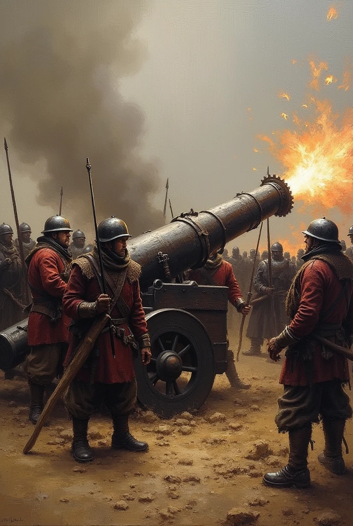 Artillery soldiers loading and firing a traditional cannon, smoke and fire, oil painting, muted colors, mid-16th century warfare, detailed uniforms, tense and chaotic scene, battlefield environment, textured brushstrokes, oil painting style