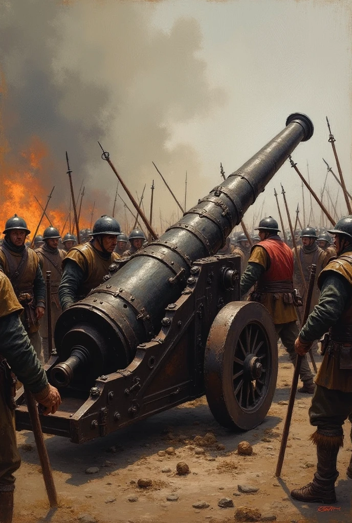 Artillery soldiers loading and firing a traditional cannon, smoke and fire, oil painting, muted colors, mid-16th century warfare, detailed uniforms, tense and chaotic scene, battlefield environment, textured brushstrokes, oil painting style