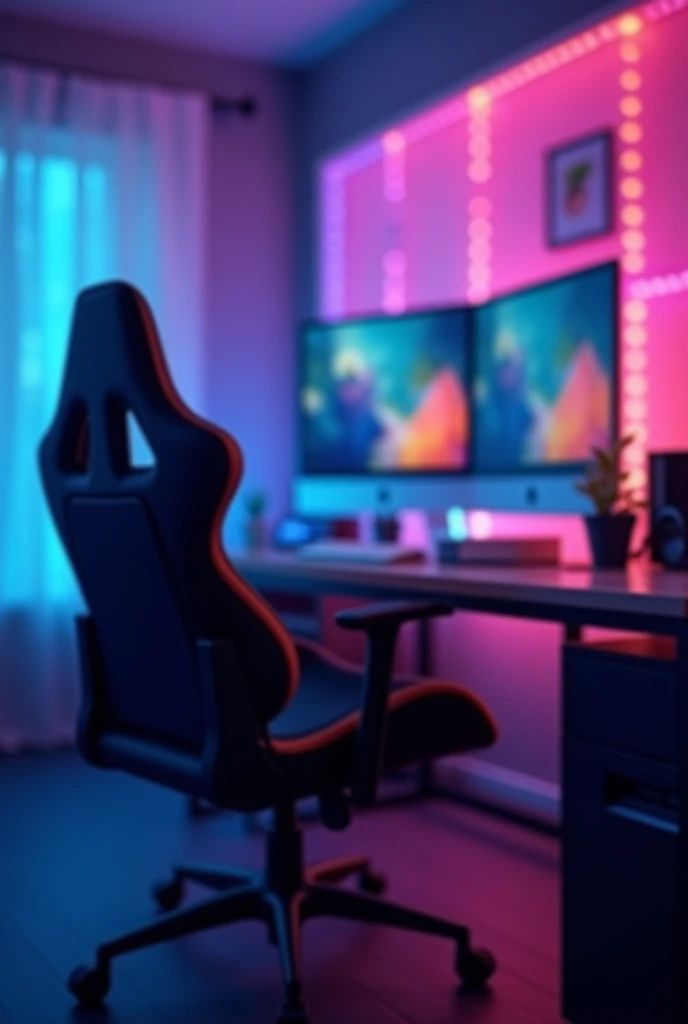 A vibrant and dynamic blurred background for reaction videos on YouTube and Facebook, Inspired by the streaming setups of popular creators like Ibai and Mariana. The background should include a mix of neon lights, Subtle LED glow effects and modern gaming or tech-related decor. Although elements such as a stylish gaming chair, A dual monitor setup displaying colorful abstract patterns, and soft ambient lighting are present, They must be out of focus so as not to distract the viewer.. Colors should be a combination of deep blues, purples and touches of red or pink, creating a cool and immersive atmosphere, keeping the focus on the main content while the background adds a touch of energy and atmosphere