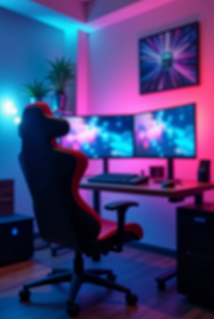 A vibrant and dynamic blurred background for reaction videos on YouTube and Facebook, Inspired by the streaming setups of popular creators like Ibai and Mariana. The background should include a mix of neon lights, Subtle LED glow effects and modern gaming or tech-related decor. Although elements such as a stylish gaming chair, A dual monitor setup displaying colorful abstract patterns, and soft ambient lighting are present, They must be out of focus so as not to distract the viewer.. Colors should be a combination of deep blues, purples and touches of red or pink, creating a cool and immersive atmosphere, keeping the focus on the main content while the background adds a touch of energy and atmosphere